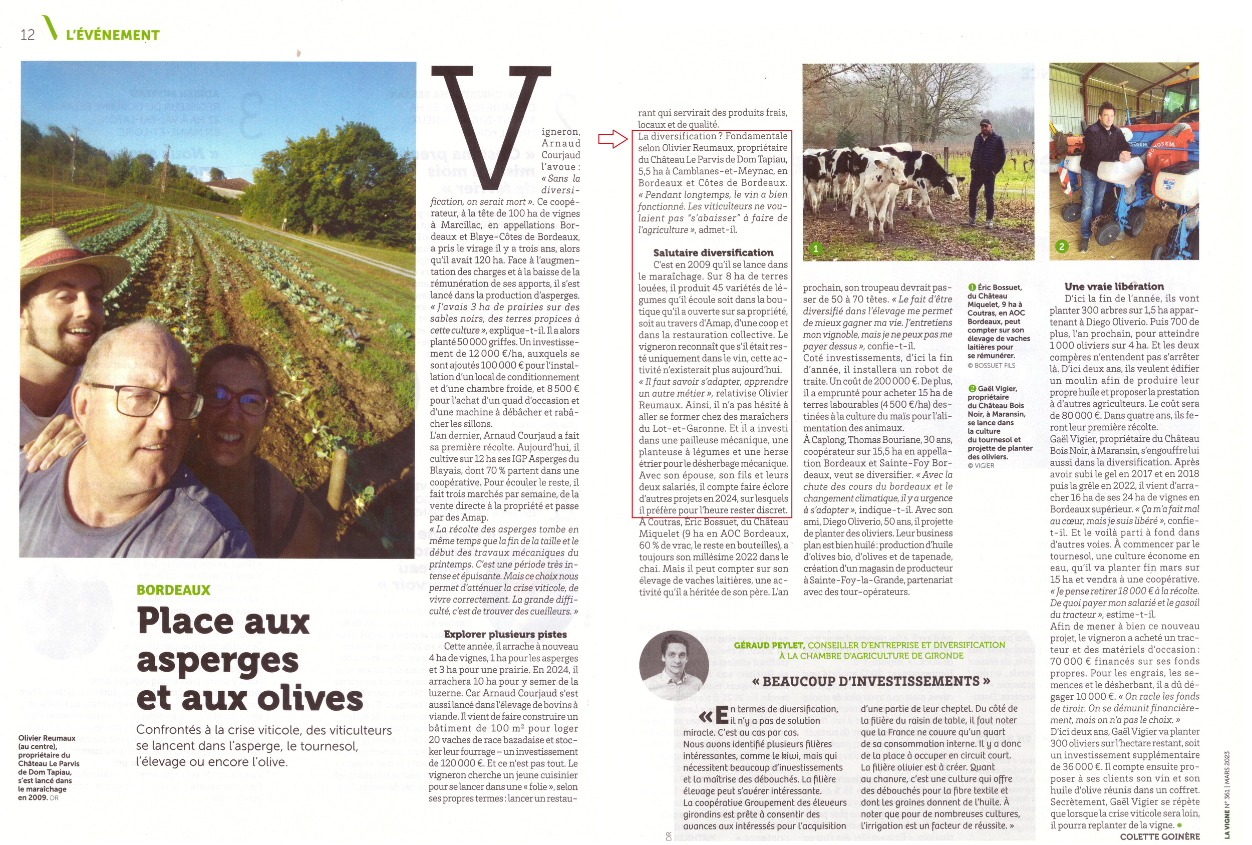 La diversification dans le domaine viticole, article du journal La Vigne